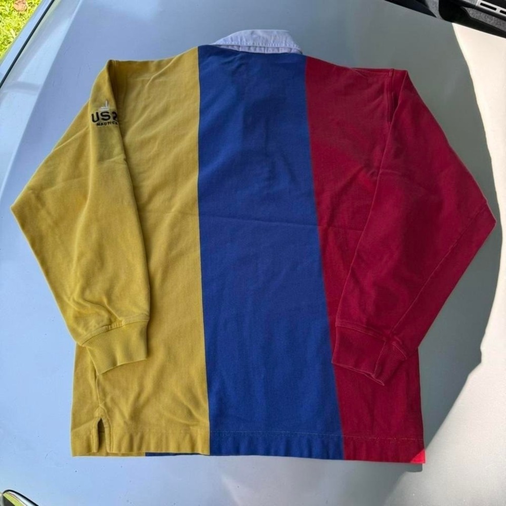 Nautica US2 USA navy and yellow long sleeve polo shirt rugby polo VTG PREPPY - Picture 4 of 8